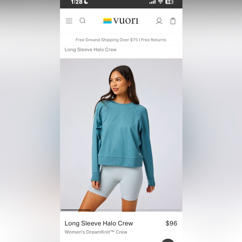 Vuori Long Sleeve Halo Crew. DreamKnit Fabric color Iron Heather size :S